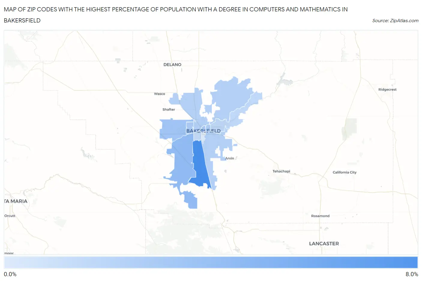 Zip Codes with the Highest Percentage of Population with a Degree in Computers and Mathematics in Bakersfield Map
