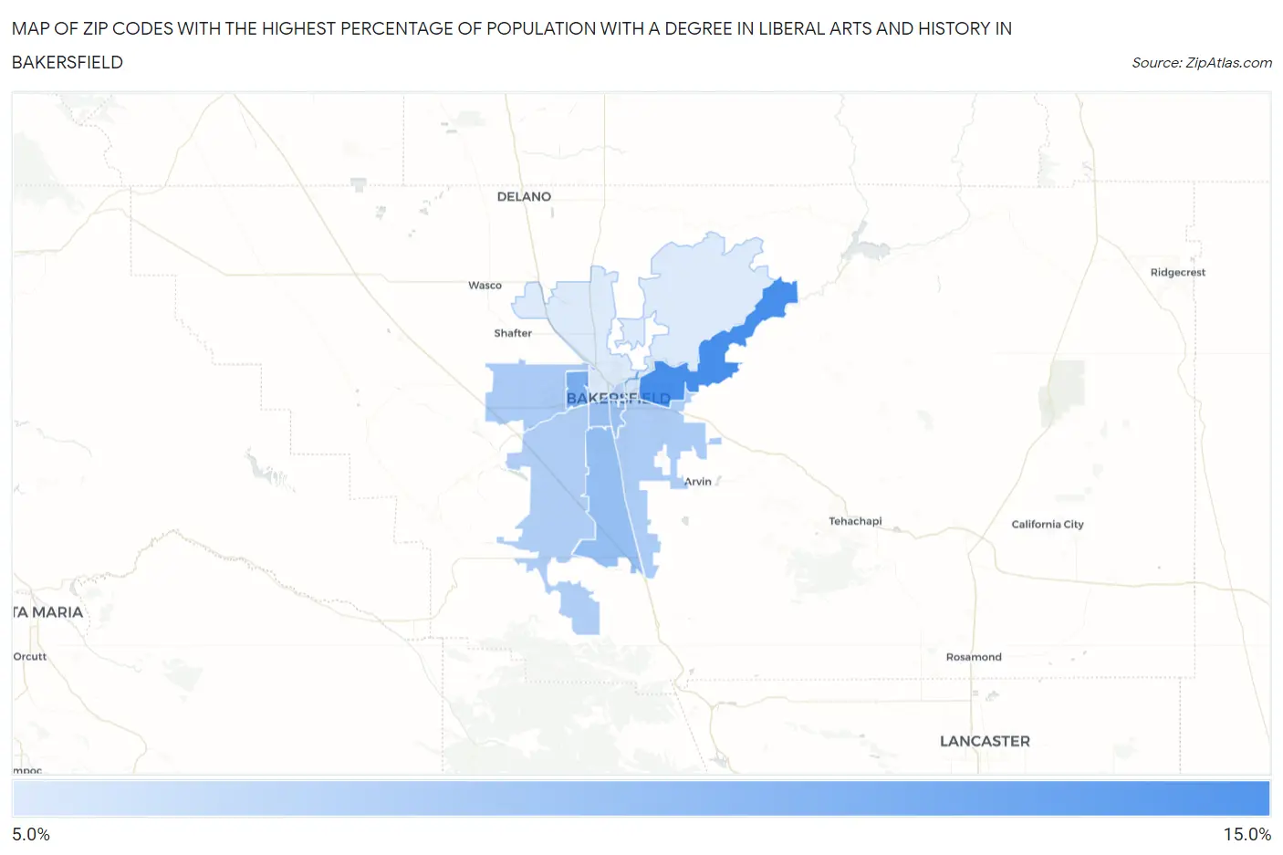 Zip Codes with the Highest Percentage of Population with a Degree in Liberal Arts and History in Bakersfield Map