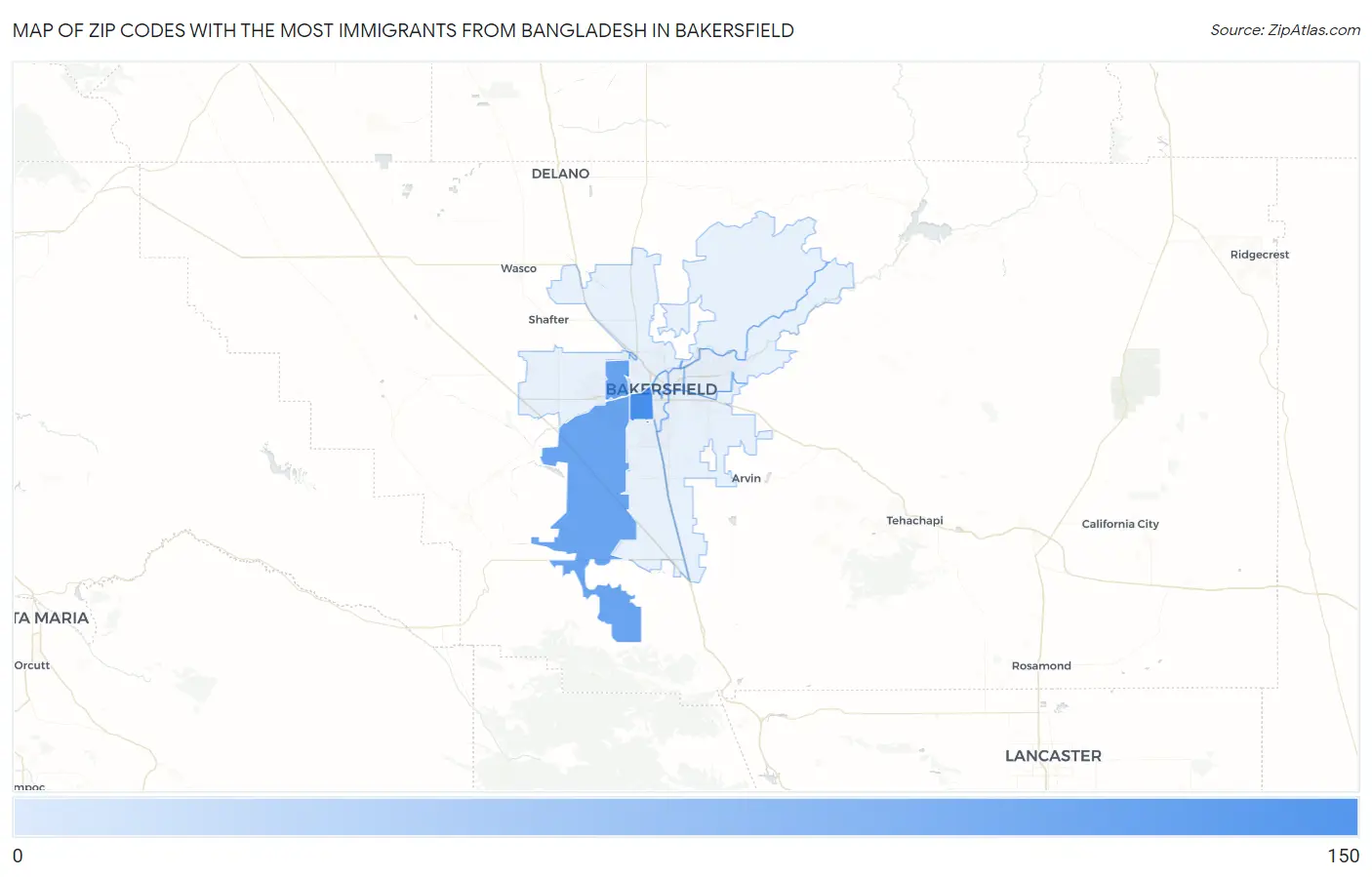 Zip Codes with the Most Immigrants from Bangladesh in Bakersfield Map