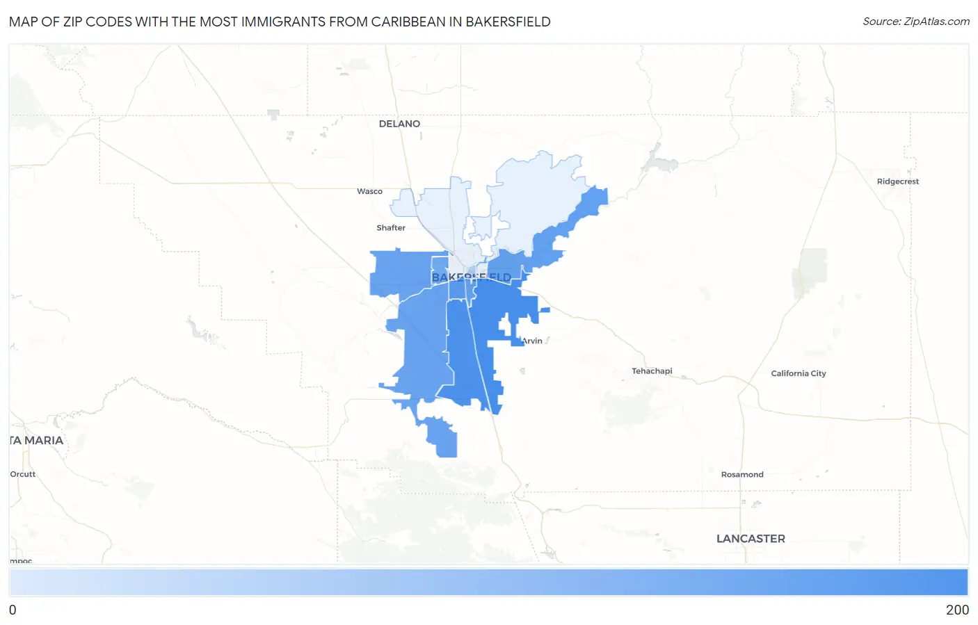 Zip Codes with the Most Immigrants from Caribbean in Bakersfield Map