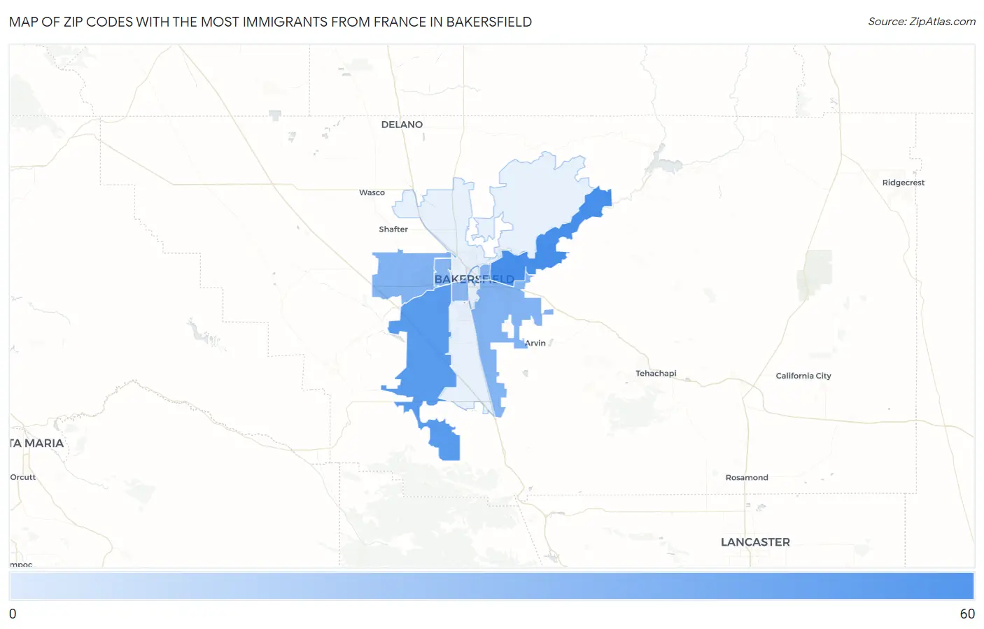 Zip Codes with the Most Immigrants from France in Bakersfield Map