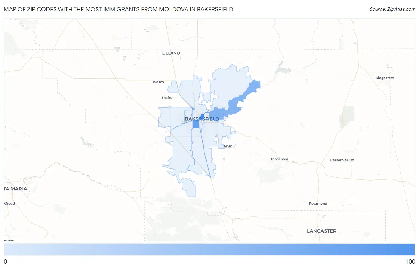Zip Codes with the Most Immigrants from Moldova in Bakersfield Map