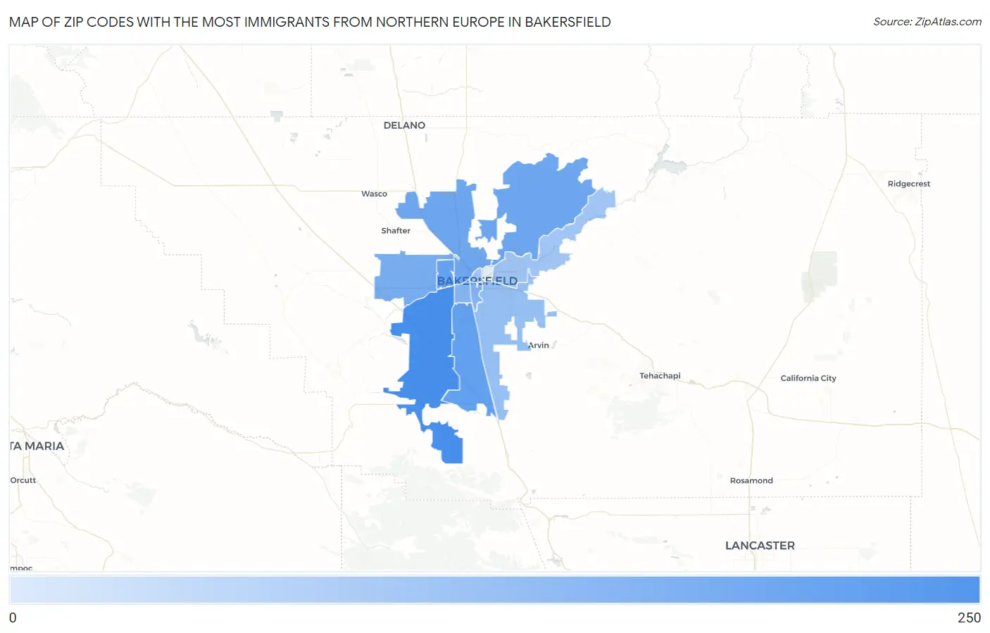 Zip Codes with the Most Immigrants from Northern Europe in Bakersfield Map