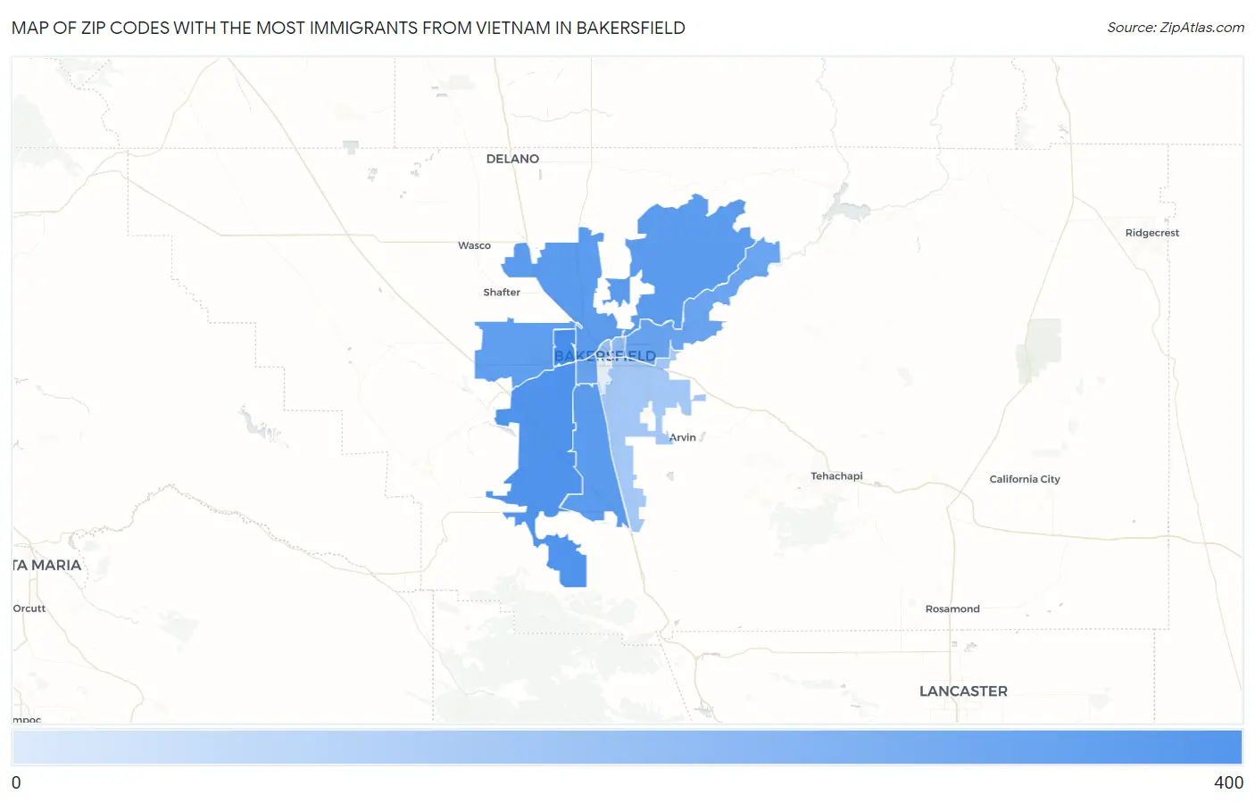 Zip Codes with the Most Immigrants from Vietnam in Bakersfield Map