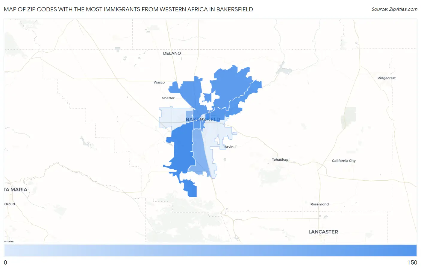 Zip Codes with the Most Immigrants from Western Africa in Bakersfield Map