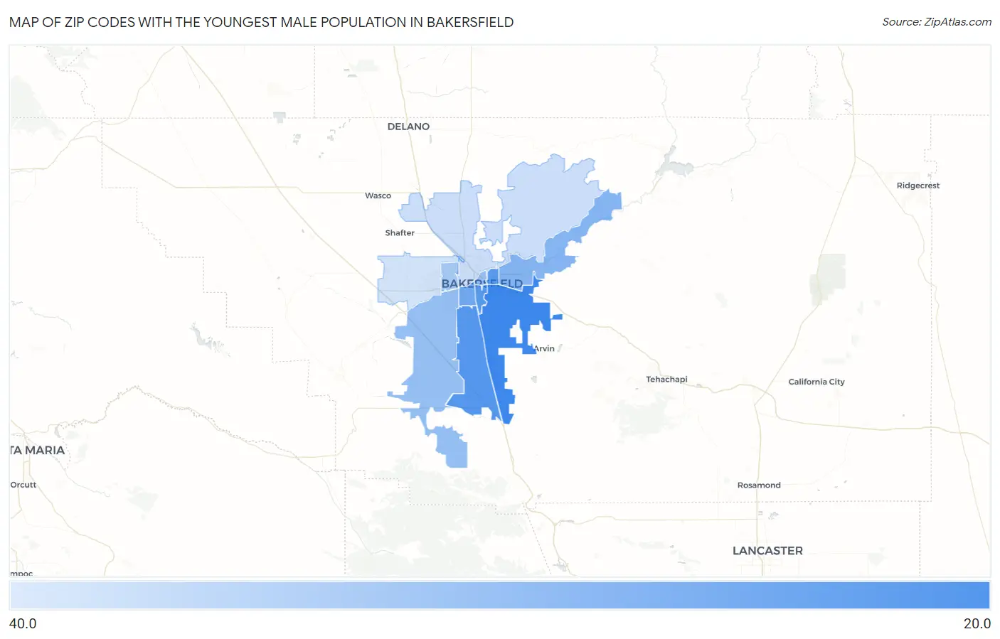 Zip Codes with the Youngest Male Population in Bakersfield Map