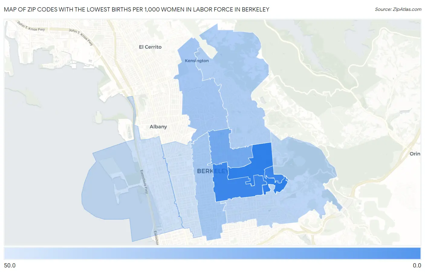 Zip Codes with the Lowest Births per 1,000 Women in Labor Force in Berkeley Map