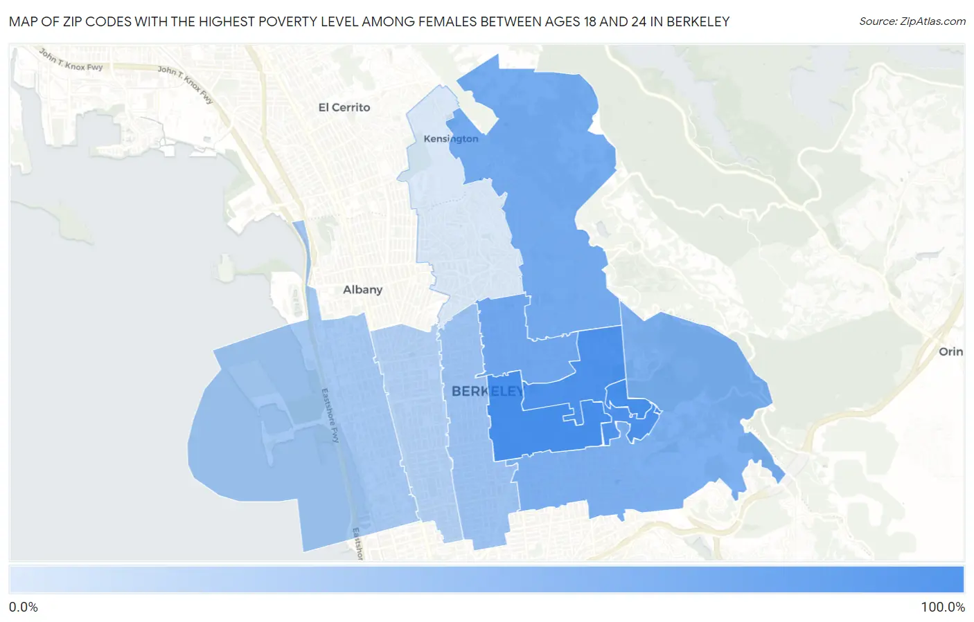 Zip Codes with the Highest Poverty Level Among Females Between Ages 18 and 24 in Berkeley Map