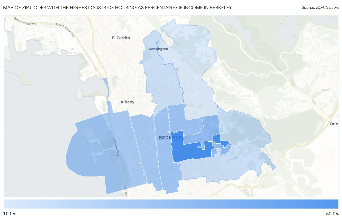 Zip Codes with the Highest Costs of Housing as Percentage of Income in Berkeley Map