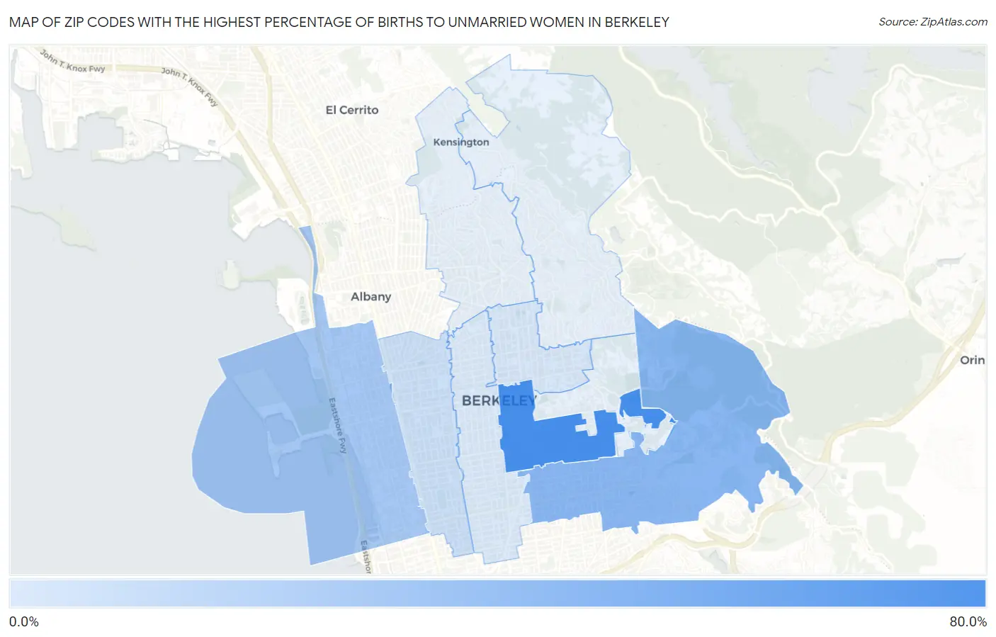 Zip Codes with the Highest Percentage of Births to Unmarried Women in Berkeley Map