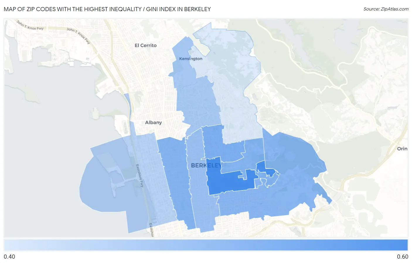 Zip Codes with the Highest Inequality / Gini Index in Berkeley Map