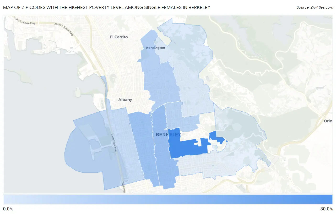 Zip Codes with the Highest Poverty Level Among Single Females in Berkeley Map