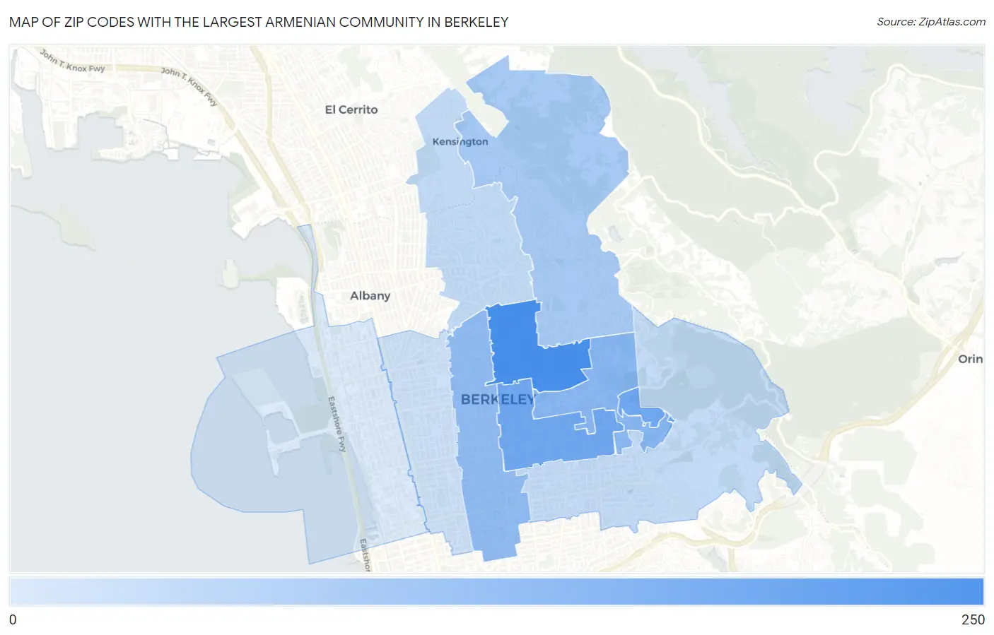 Zip Codes with the Largest Armenian Community in Berkeley Map