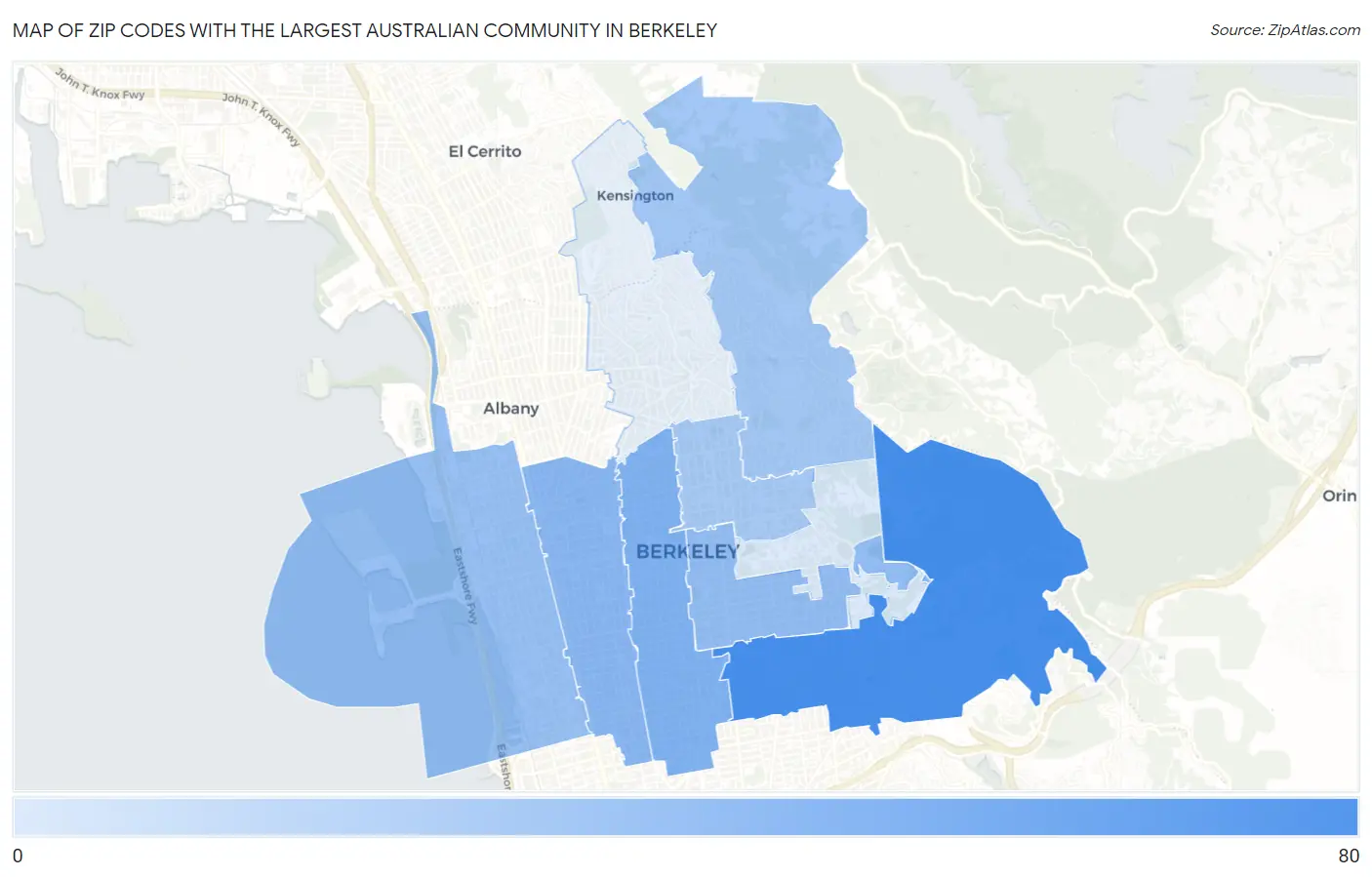 Zip Codes with the Largest Australian Community in Berkeley Map