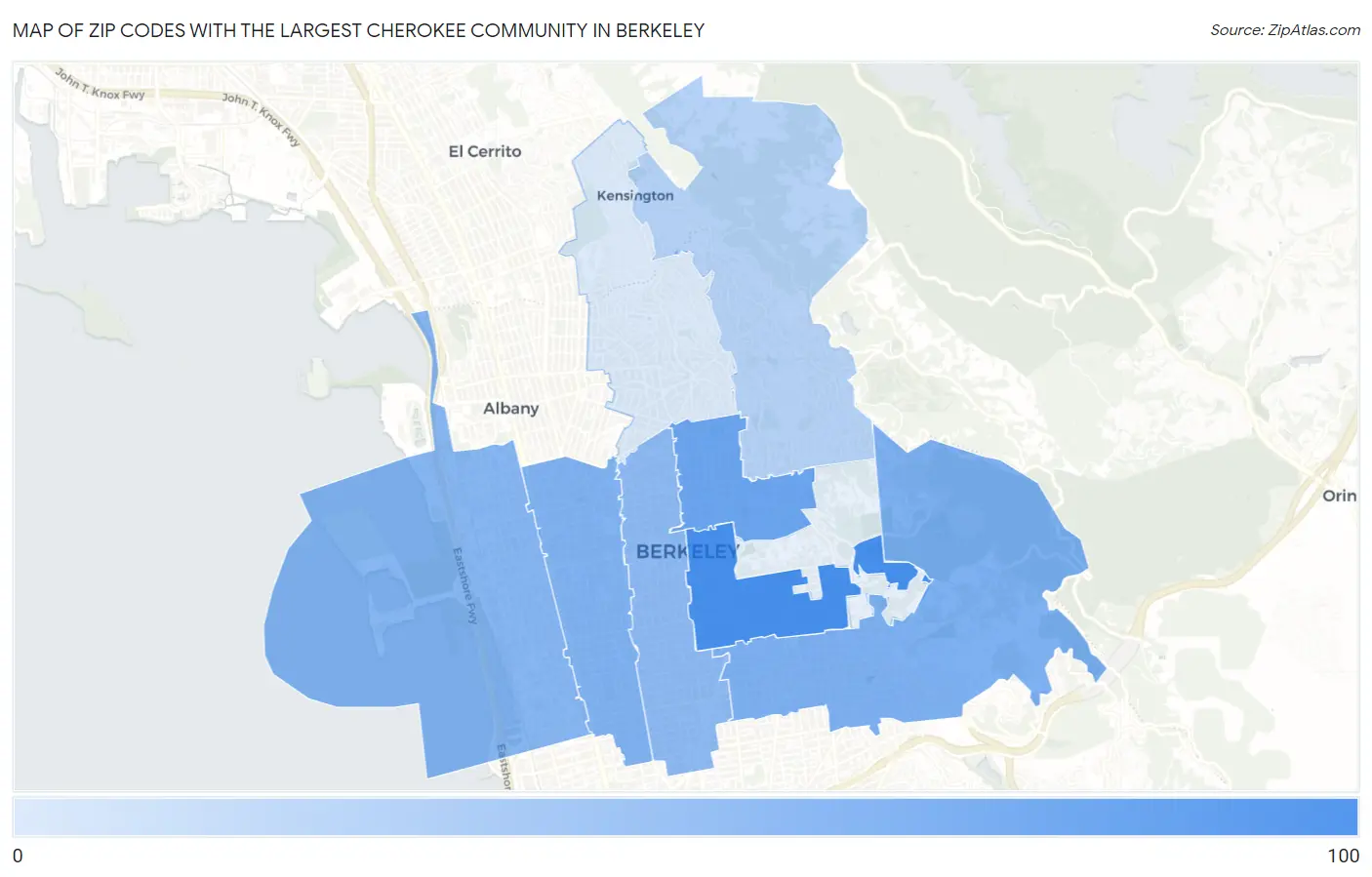 Zip Codes with the Largest Cherokee Community in Berkeley Map