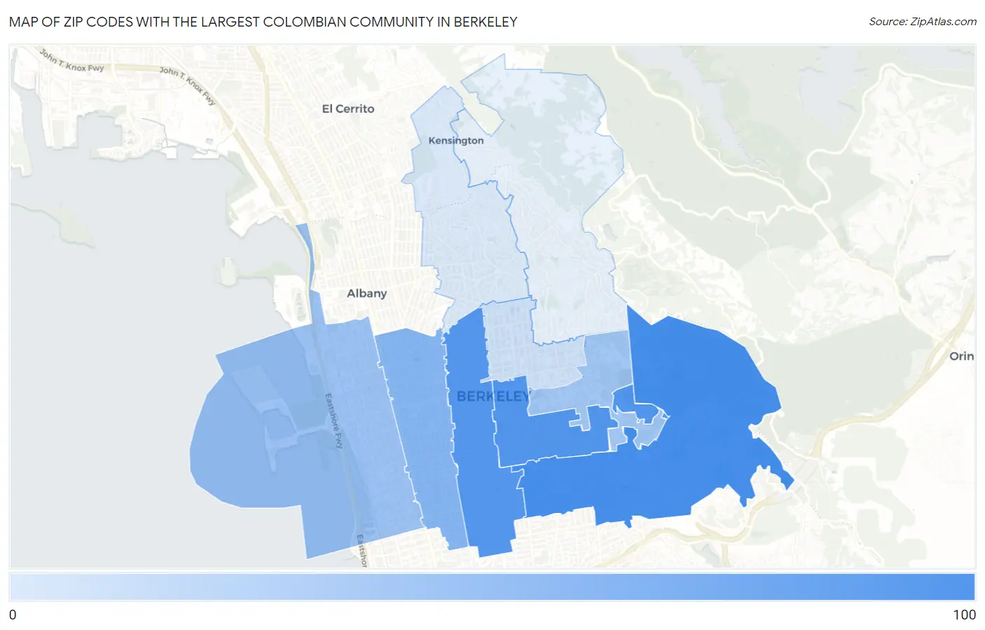Zip Codes with the Largest Colombian Community in Berkeley Map