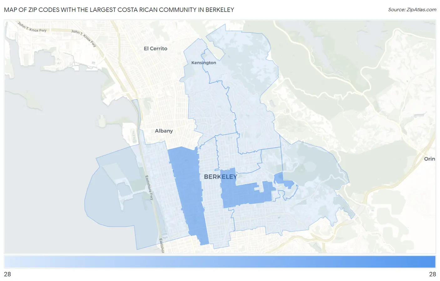 Zip Codes with the Largest Costa Rican Community in Berkeley Map