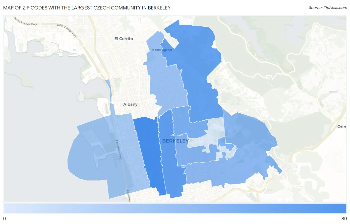 Zip Codes with the Largest Czech Community in Berkeley Map