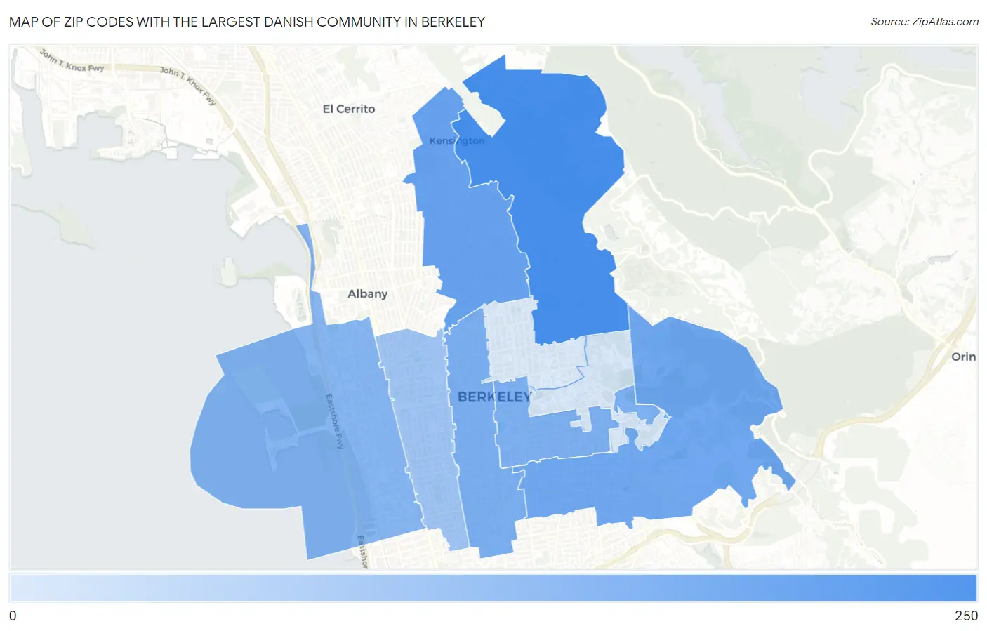 Zip Codes with the Largest Danish Community in Berkeley Map