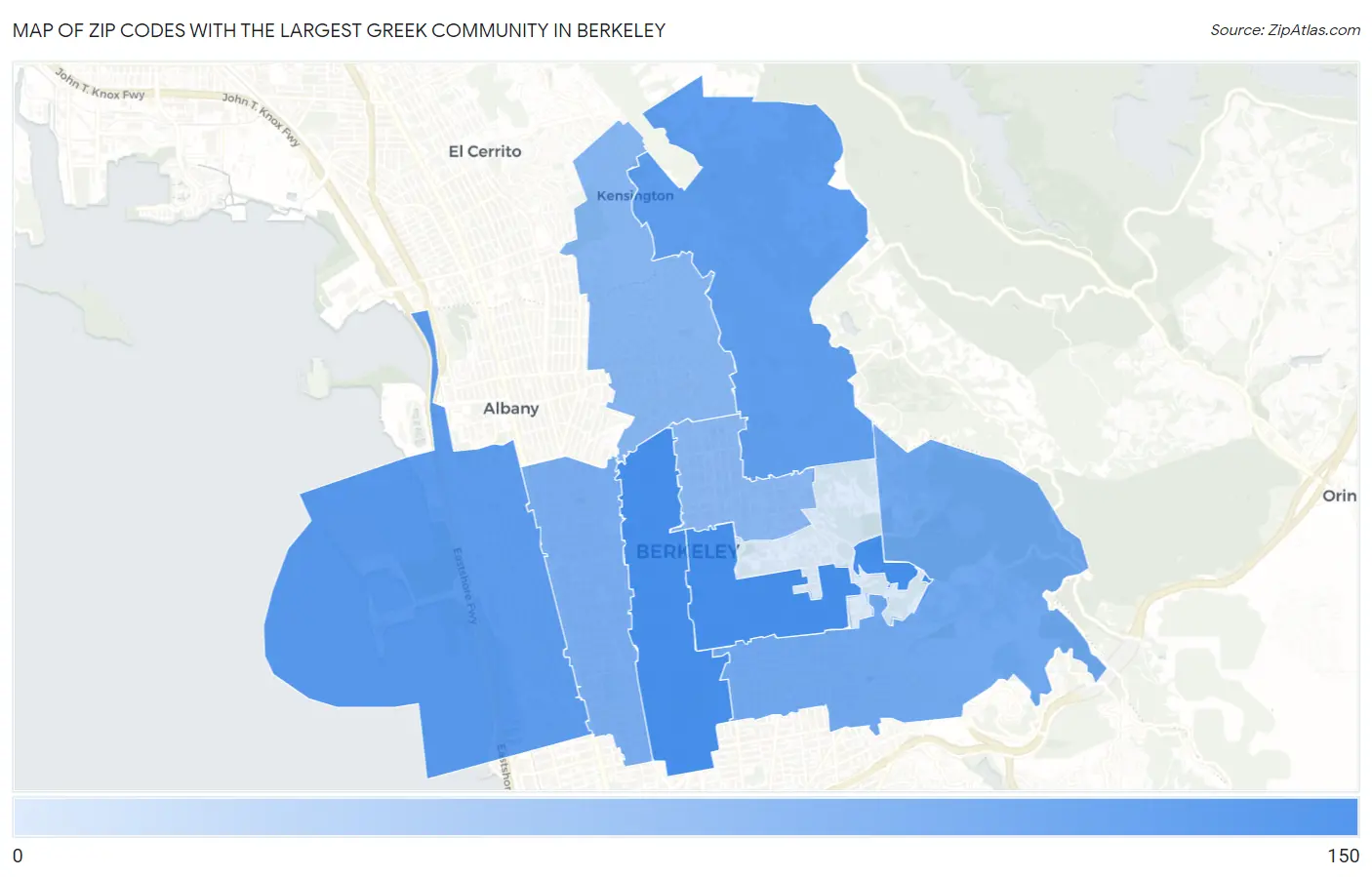 Zip Codes with the Largest Greek Community in Berkeley Map