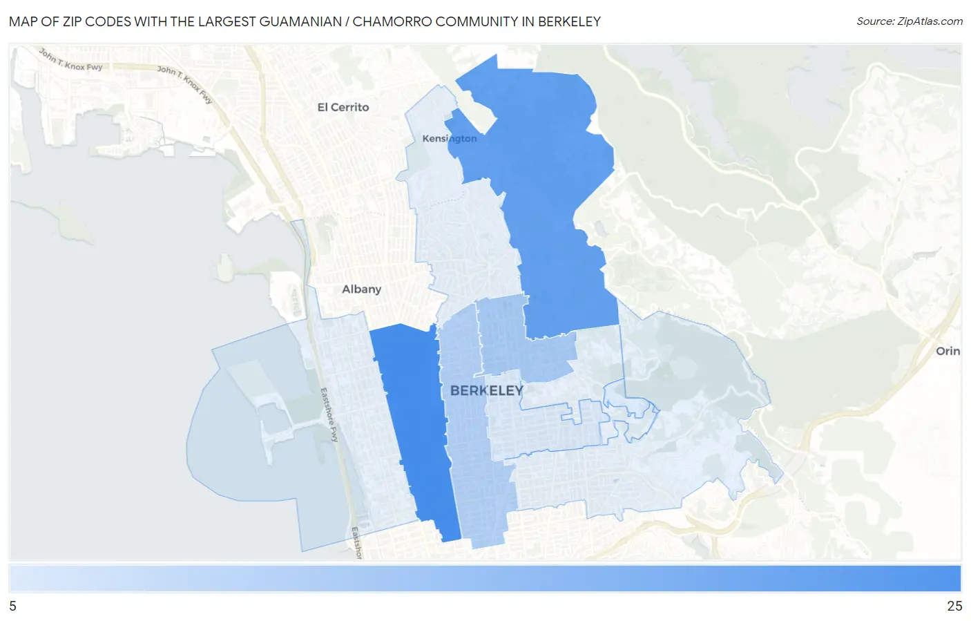 Zip Codes with the Largest Guamanian / Chamorro Community in Berkeley Map