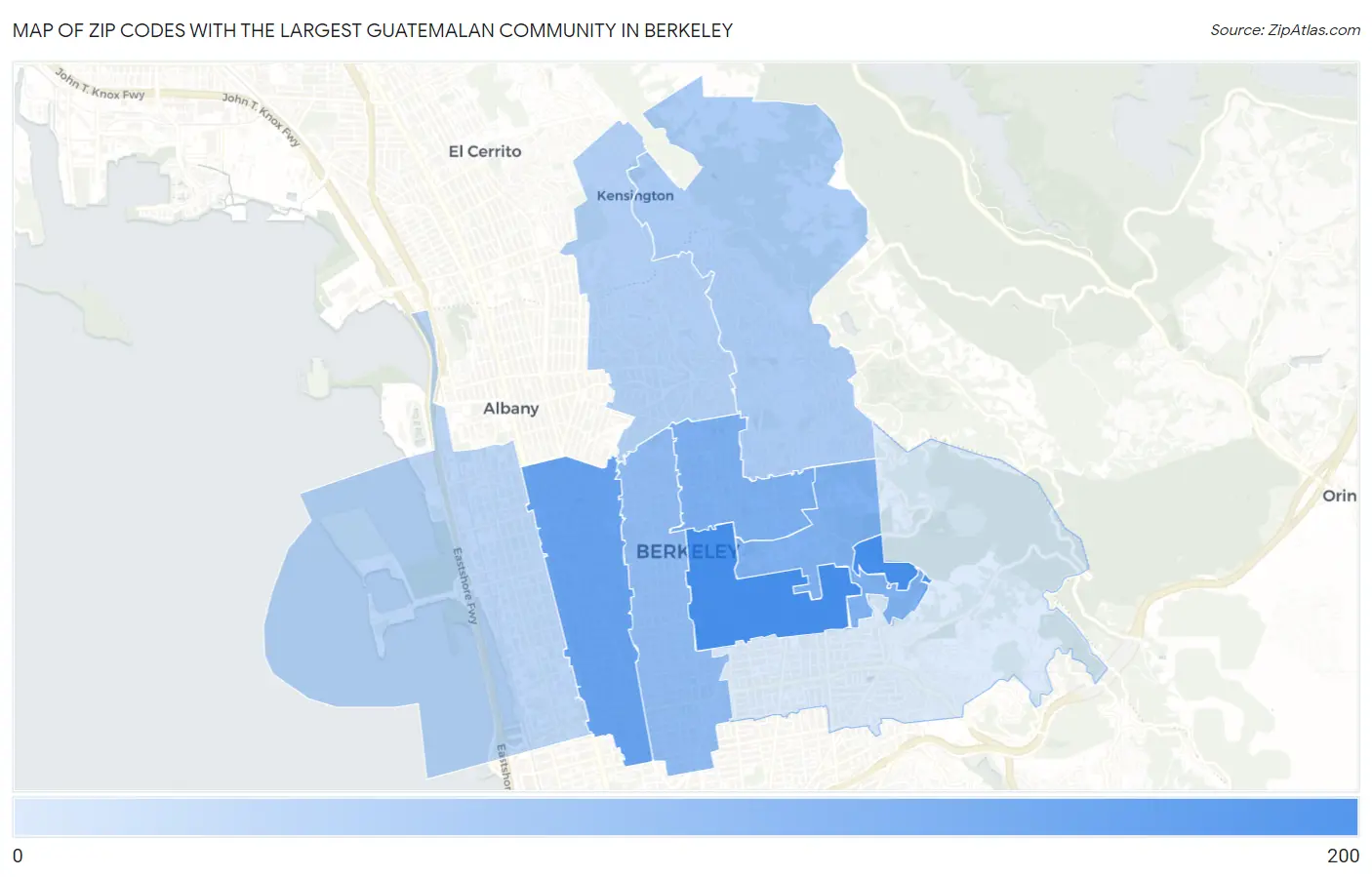 Zip Codes with the Largest Guatemalan Community in Berkeley Map
