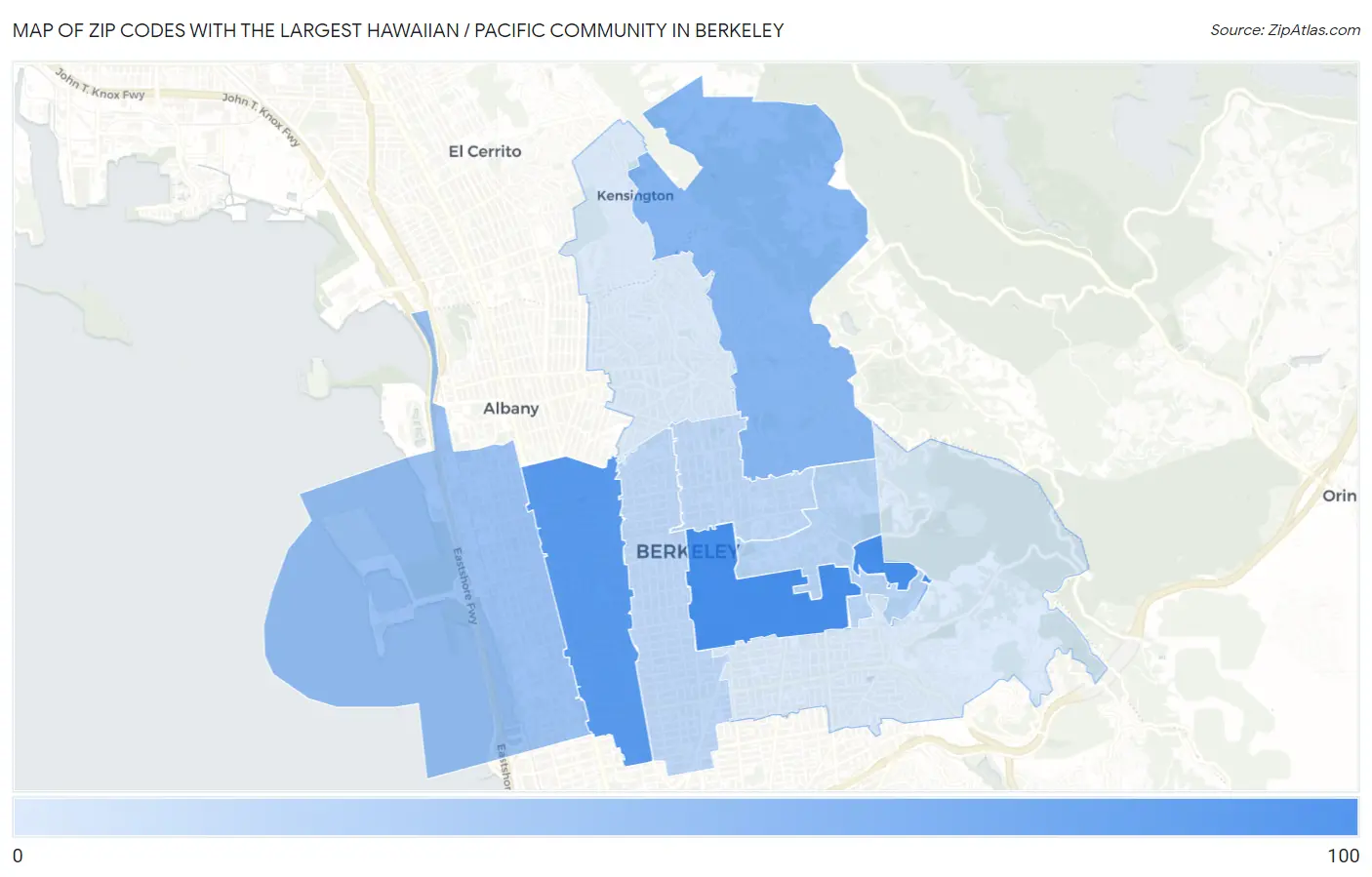 Zip Codes with the Largest Hawaiian / Pacific Community in Berkeley Map