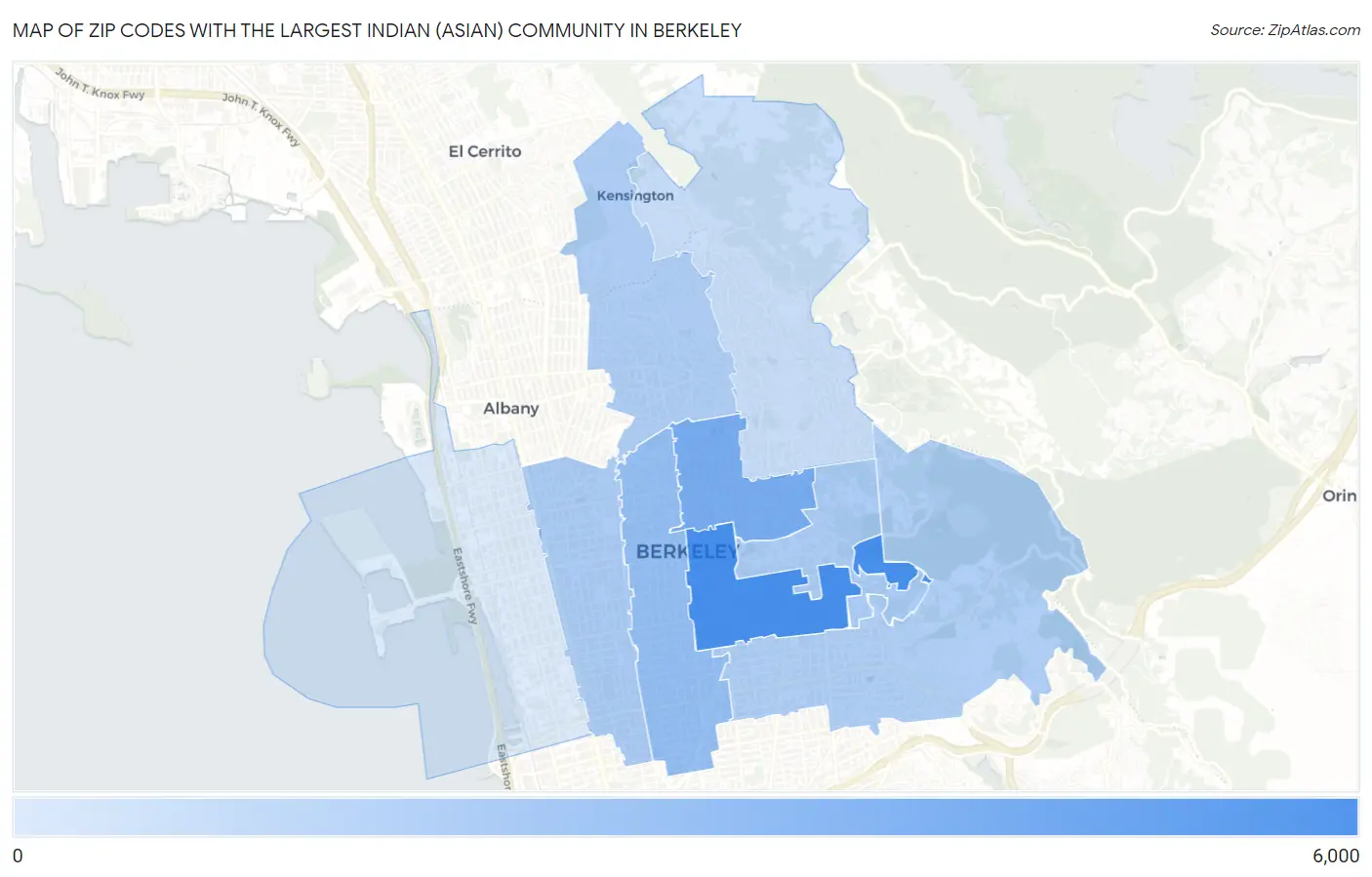 Zip Codes with the Largest Indian (Asian) Community in Berkeley Map