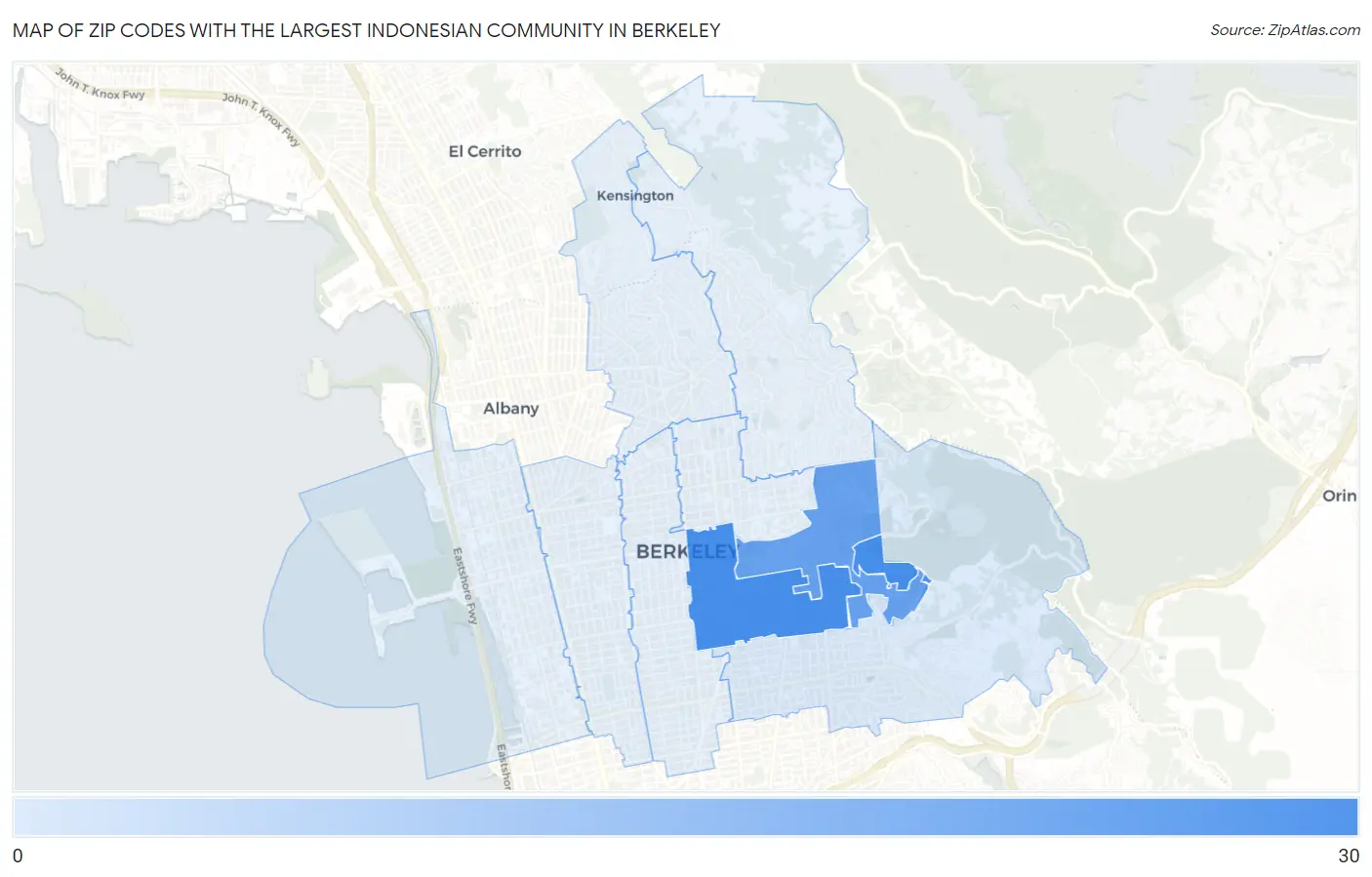 Zip Codes with the Largest Indonesian Community in Berkeley Map