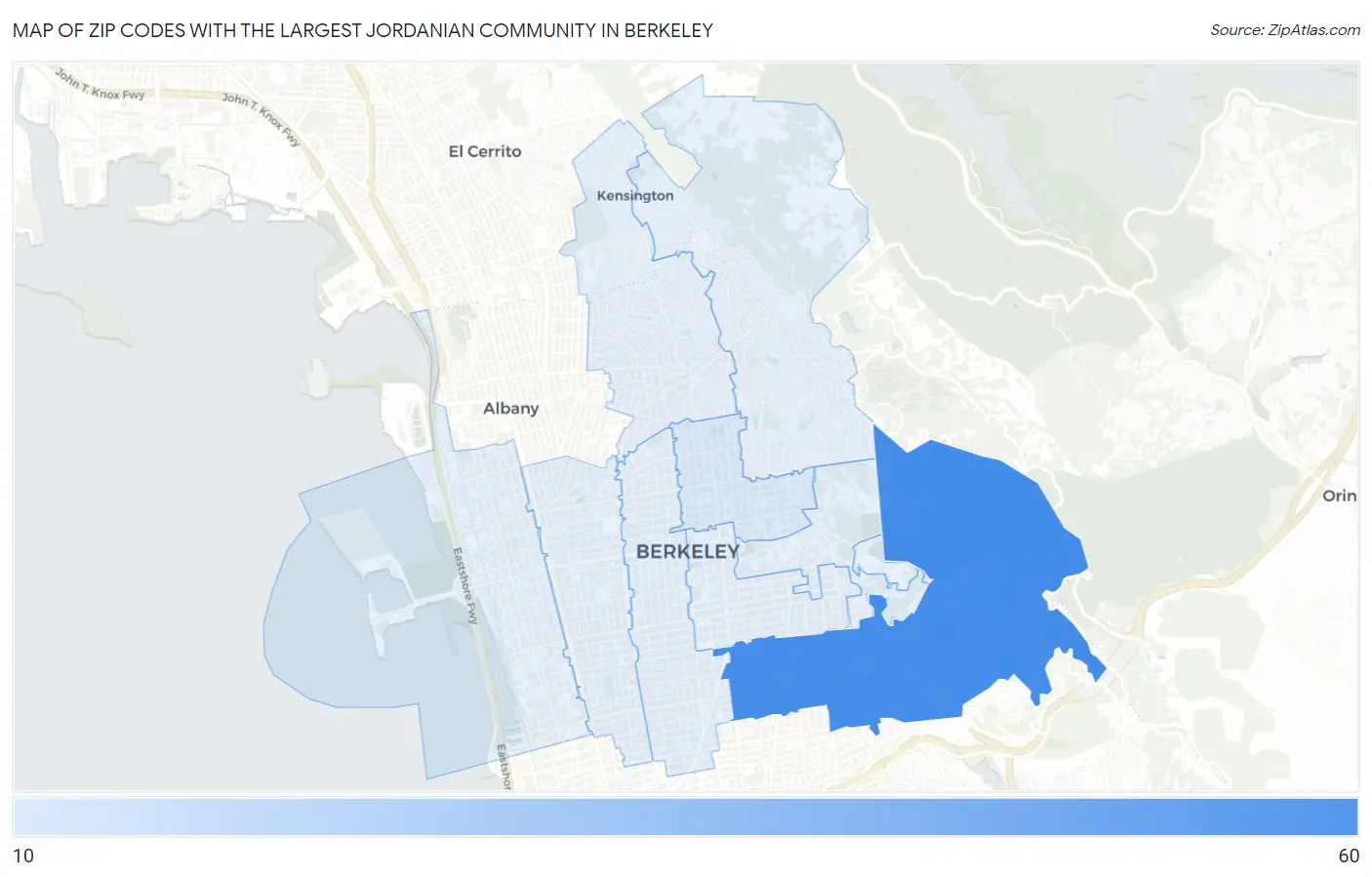 Zip Codes with the Largest Jordanian Community in Berkeley Map