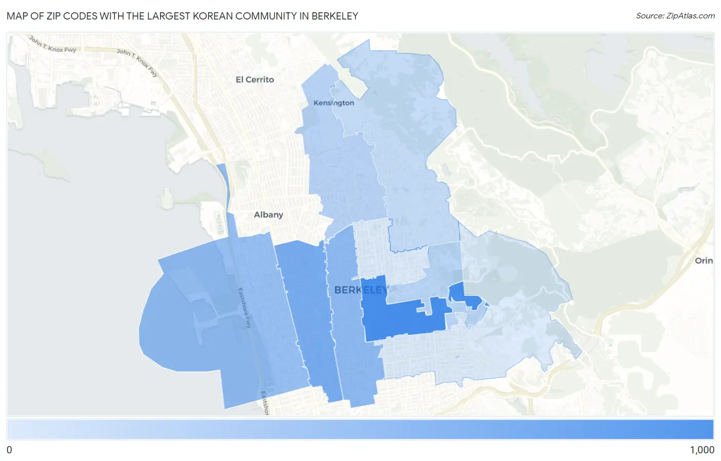 Zip Codes with the Largest Korean Community in Berkeley Map