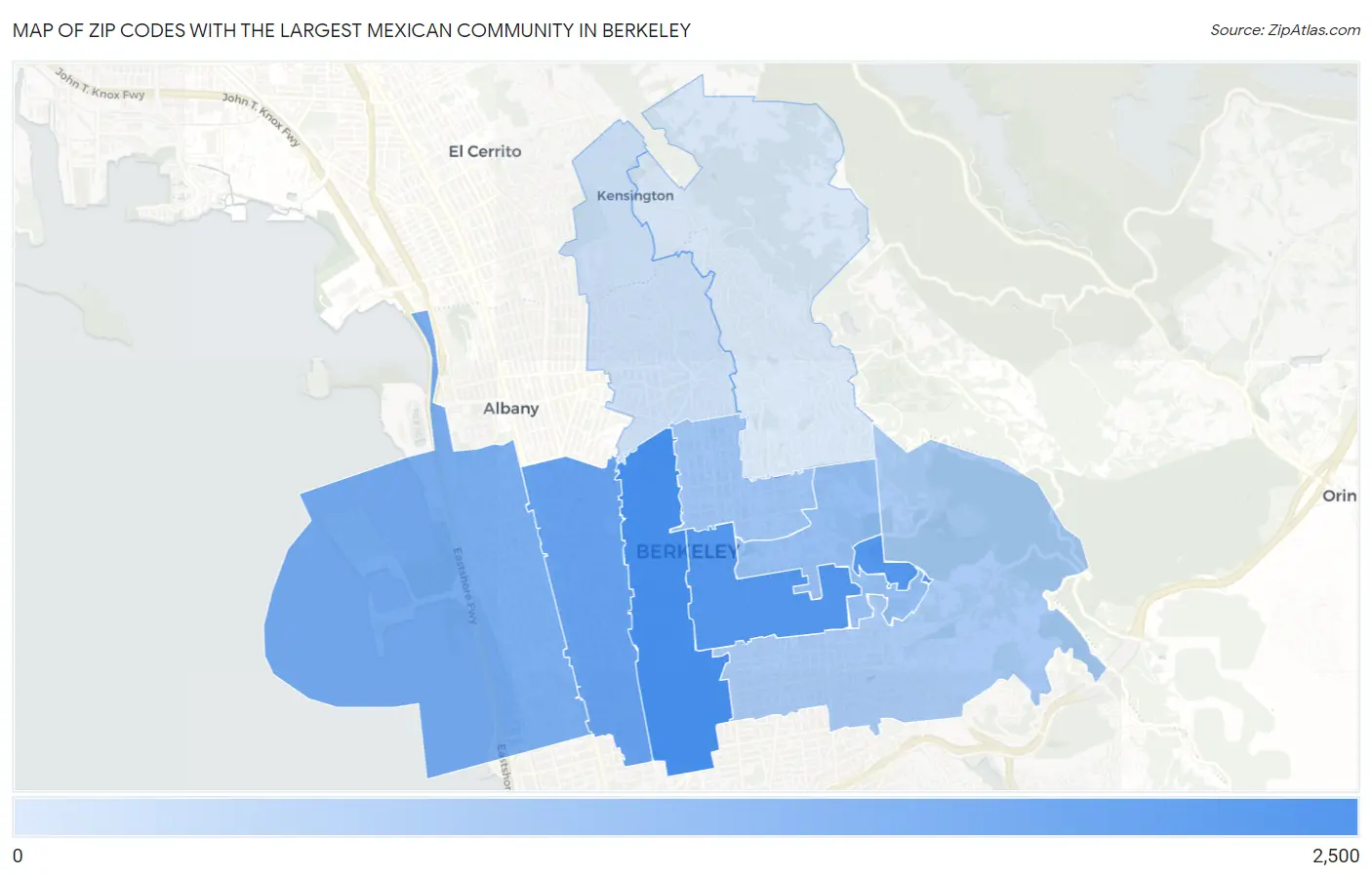 Zip Codes with the Largest Mexican Community in Berkeley Map