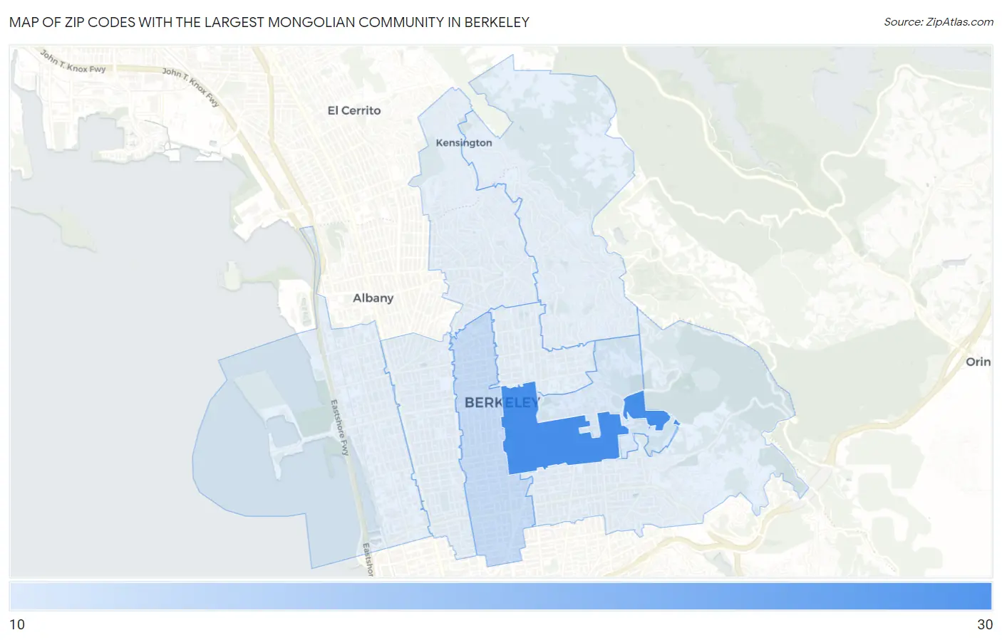 Zip Codes with the Largest Mongolian Community in Berkeley Map