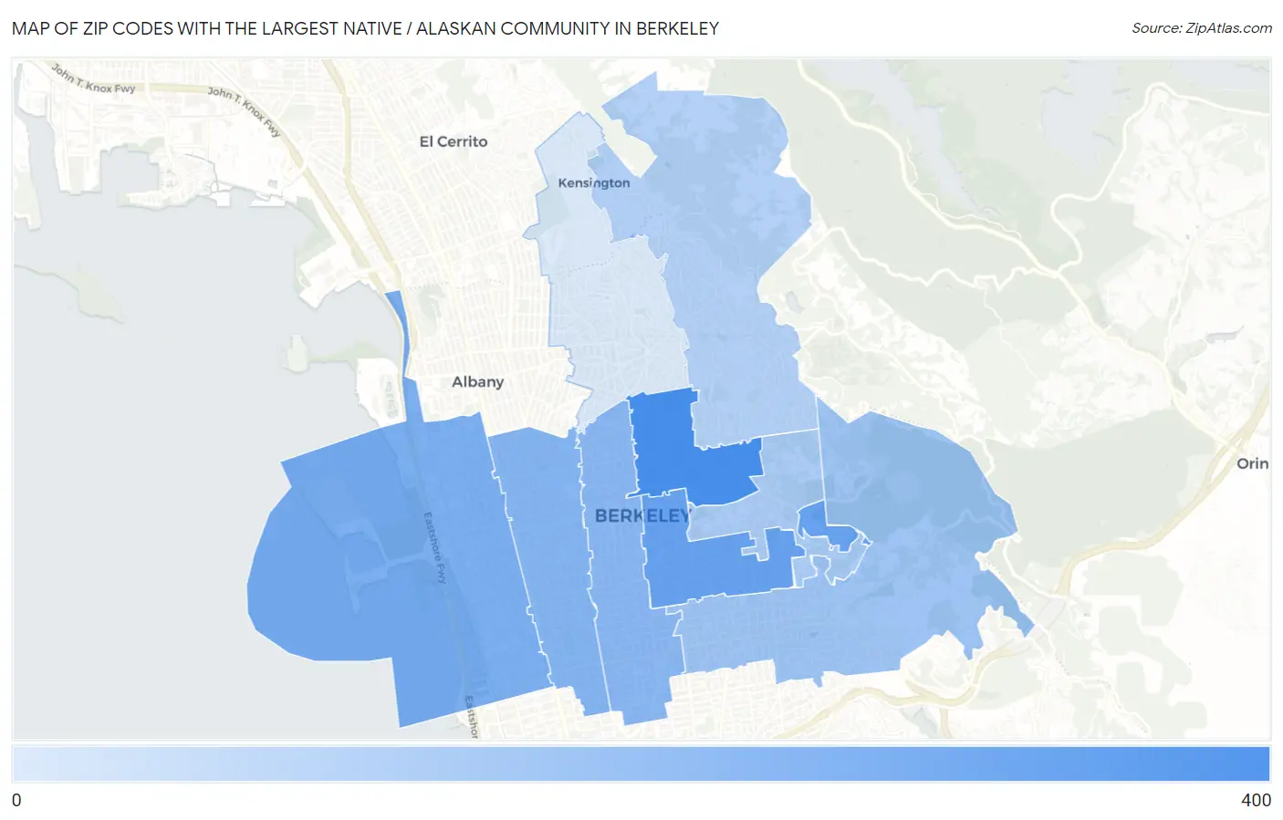 Zip Codes with the Largest Native / Alaskan Community in Berkeley Map