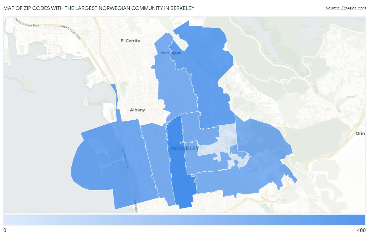 Zip Codes with the Largest Norwegian Community in Berkeley Map