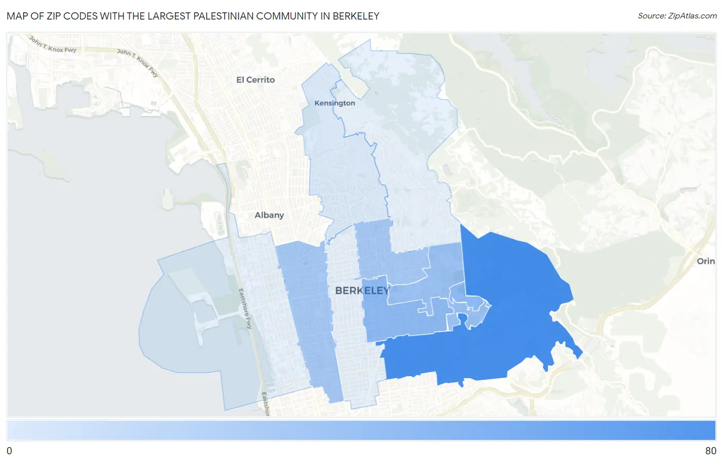 Zip Codes with the Largest Palestinian Community in Berkeley Map