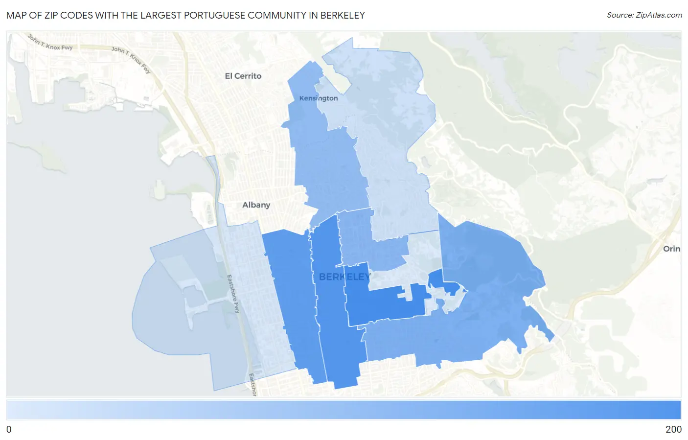 Zip Codes with the Largest Portuguese Community in Berkeley Map