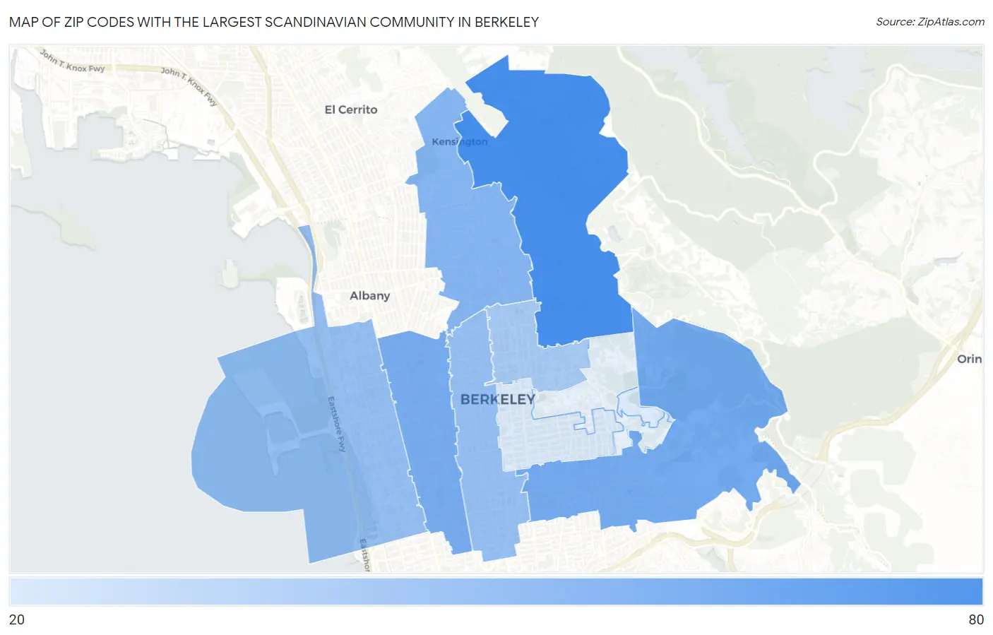 Zip Codes with the Largest Scandinavian Community in Berkeley Map