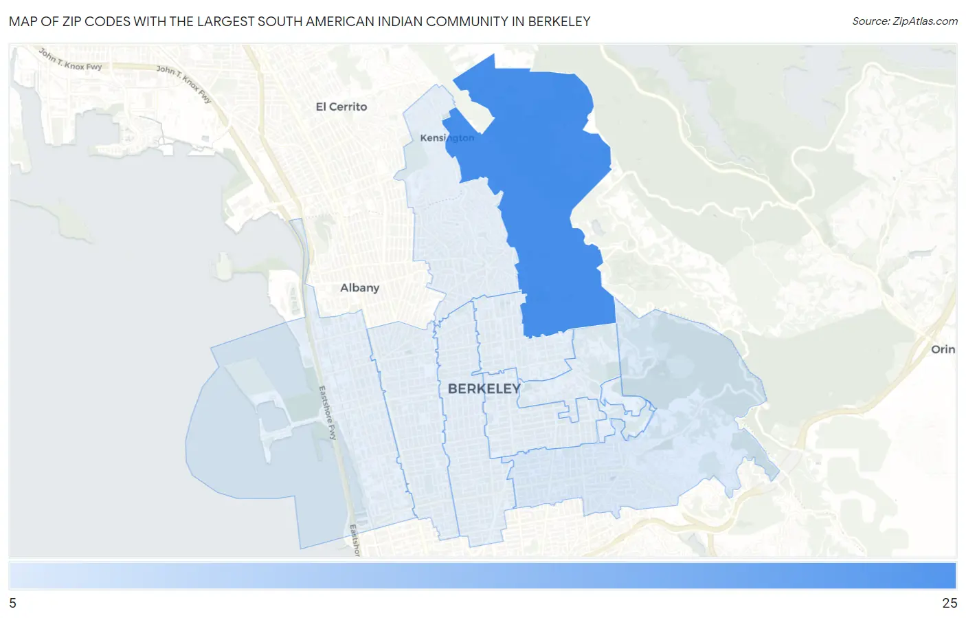 Zip Codes with the Largest South American Indian Community in Berkeley Map
