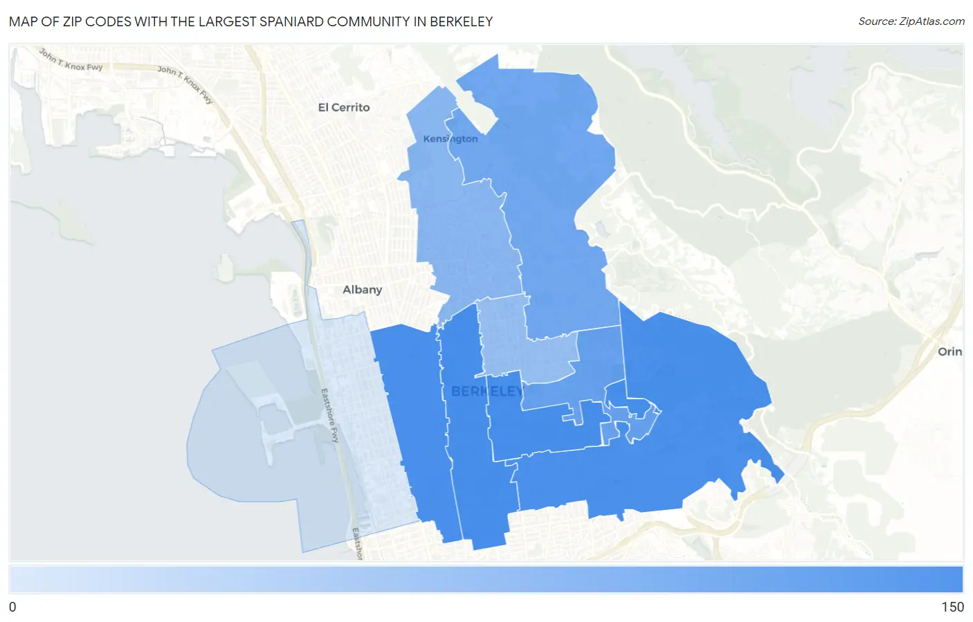 Zip Codes with the Largest Spaniard Community in Berkeley Map