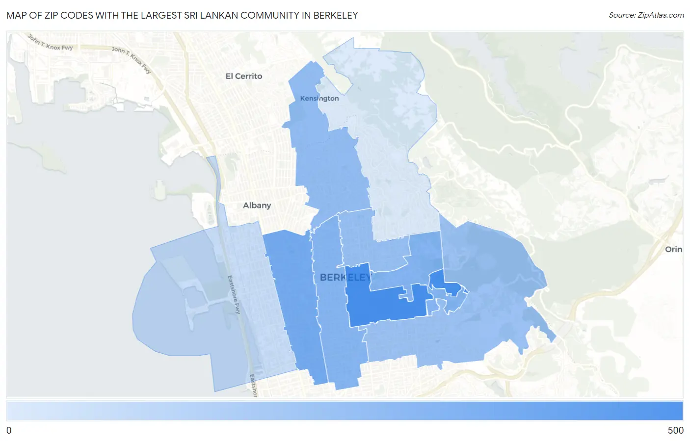 Zip Codes with the Largest Sri Lankan Community in Berkeley Map
