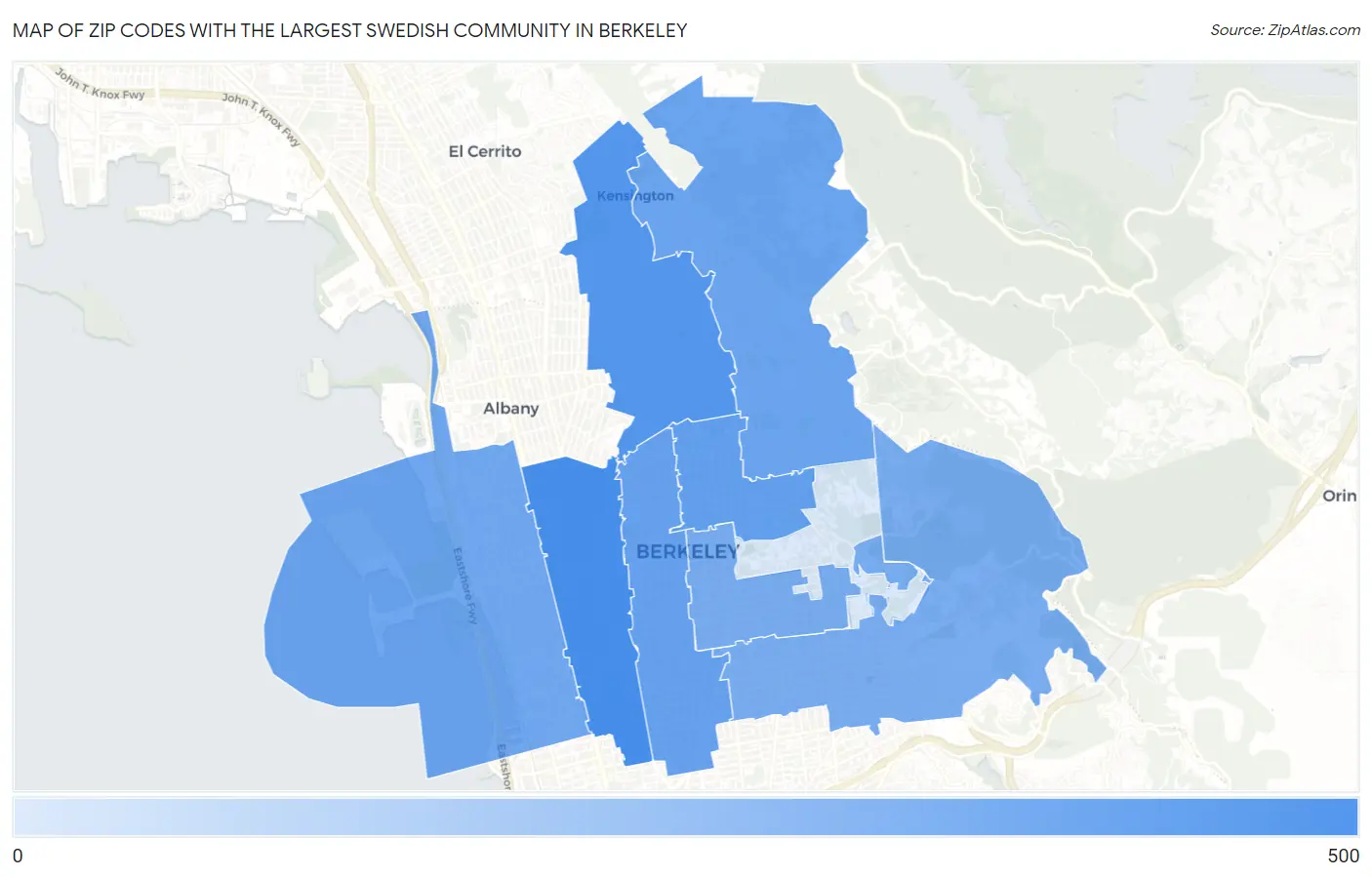 Zip Codes with the Largest Swedish Community in Berkeley Map
