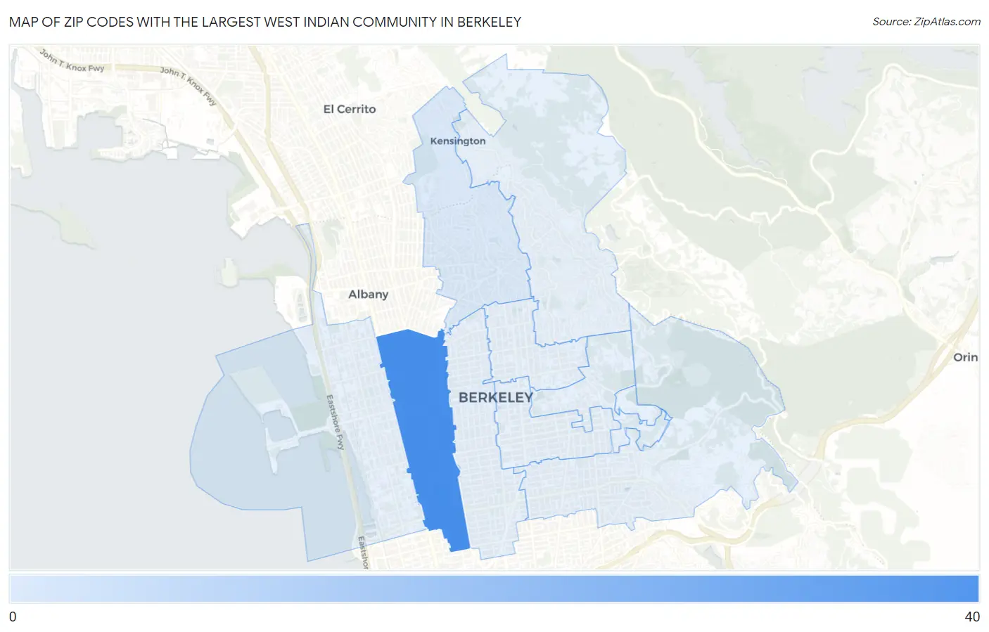 Zip Codes with the Largest West Indian Community in Berkeley Map