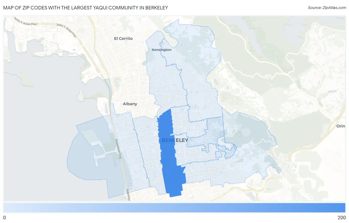 Zip Codes with the Largest Yaqui Community in Berkeley Map