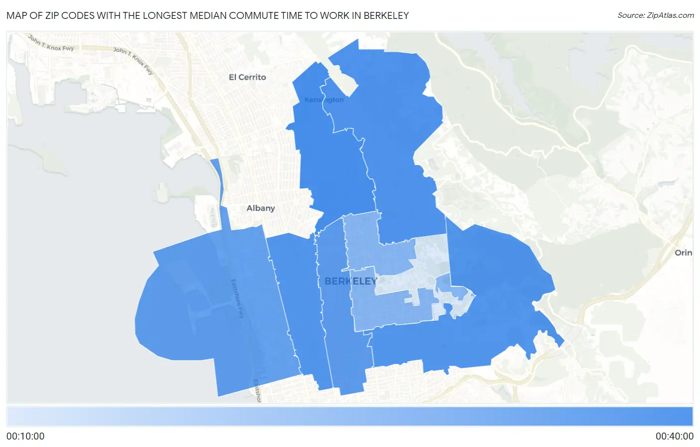 Zip Codes with the Longest Median Commute Time to Work in Berkeley Map