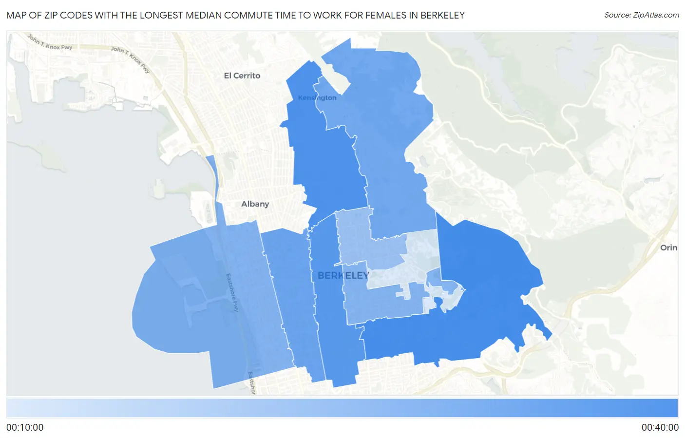 Zip Codes with the Longest Median Commute Time to Work for Females in Berkeley Map