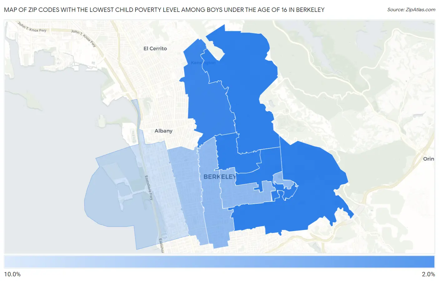 Zip Codes with the Lowest Child Poverty Level Among Boys Under the Age of 16 in Berkeley Map