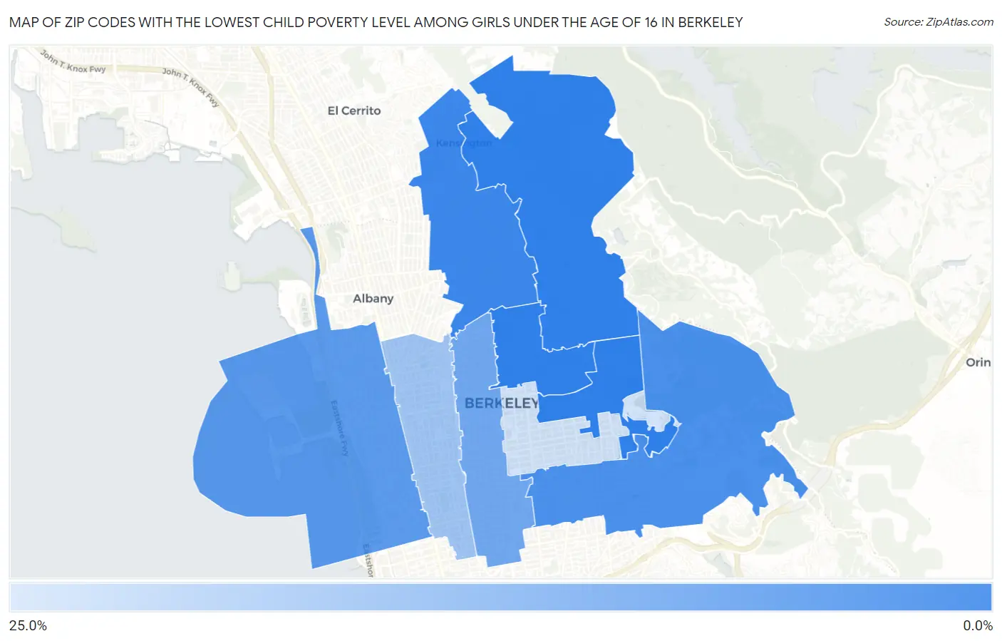Zip Codes with the Lowest Child Poverty Level Among Girls Under the Age of 16 in Berkeley Map