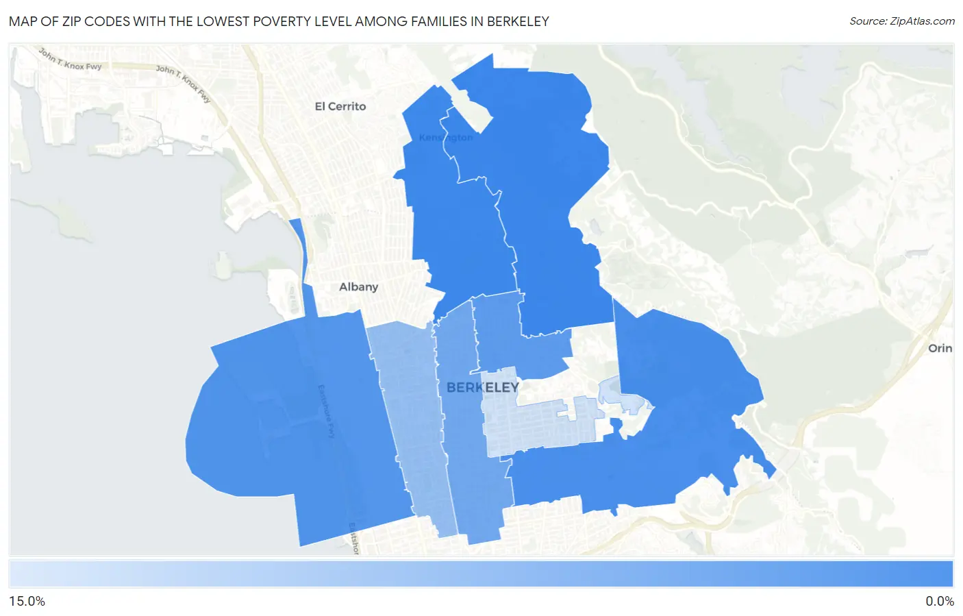 Zip Codes with the Lowest Poverty Level Among Families in Berkeley Map