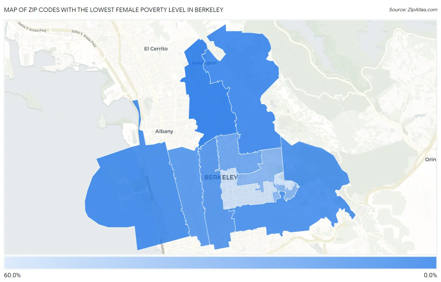 Zip Codes with the Lowest Female Poverty Level in Berkeley Map